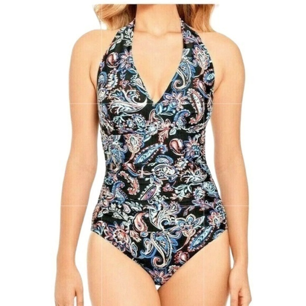 Time & Tru Black Carnival Paisley Halter Tummy Control Ruched One Piece Swimsuit